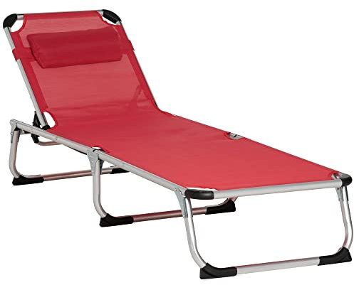 Outsunny Sonnenliege faltbar Gartenliege mit Kopfkissen Liegestuhl mit der 4-stufig verstellbaren Rückenlehne Campingliege bis 120 kg belastbar für Outdoor-Park, Garten, Rot