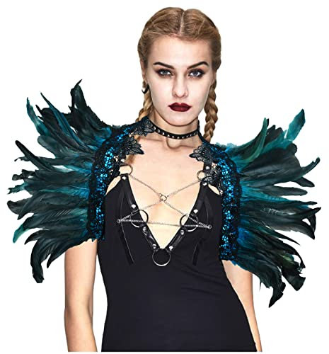 keland Damen schwarz echte Feder Achselzucken Schal Wrap Lace Kragen Halloween Kostüm Schal Top(Blau-F)