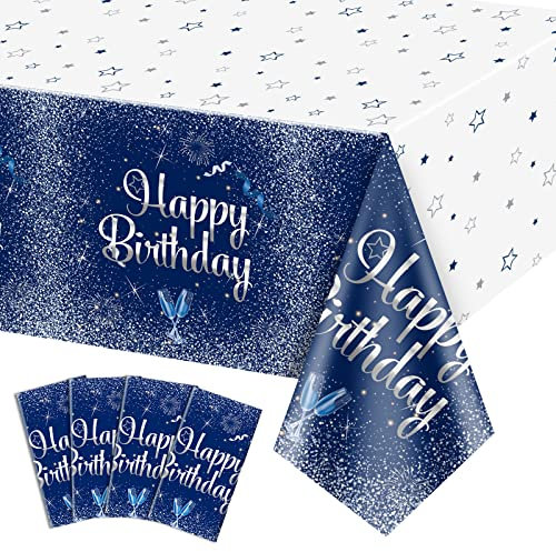 4 Pack Marineblau und Silber Happy Birthday Tischdecken, 130 x 220cm Rechteck Tischdecke für Männer Frauen Jungen Mädchen Geburtstag Party Dekorationen Zubehör