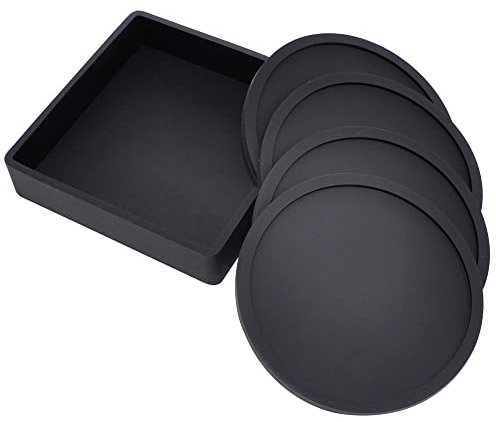 10cm/3.94inch Coasters Set Round Silicone Rubber Coaster Cup Pad Mat Anti-scald Non-Slip for Home/Bar Coffee Tea Drink Use Insulate&protect furniture Coffee Beer Mug WineGlass Bottle (Black, 4)