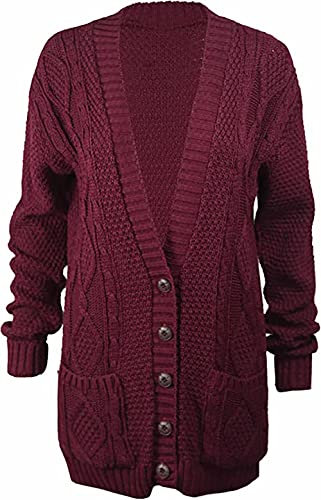 Purple Hanger Women’s New Long Sleeves Ladies Chunky Aran Cable Knit Button Grandad Cardigan Sweater Plus Size 8-26 (16-18, Wine)