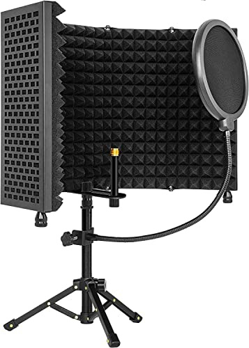 ITHWIU Microphone Isolation Shield with Tripod Stand Curved Panel, Foldable Microphone Sound Shield with Triple Sound Insulation, Studio Mic Sound Absorbing Foam Reflector for Sound Recording