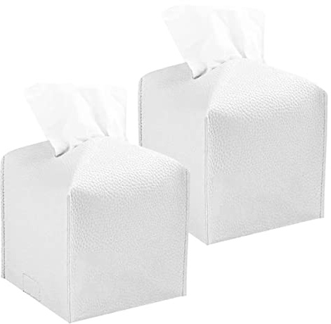 VOANZO 2 x Taschentuchbox-Abdeckungen, quadratisch, modern, filigran, dekorativ, PU-Leder, für Zuhause, Hotel, Auto, Büro, Restaurant, Weiß
