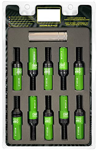 OMP SPEED Set 20 schwarze Radschrauben mit M12X1,5 metrisch 17-19 lang 28MM Gewindeschlüssel mit grünem Aluminiumschutz 7075 + DIN 12,9