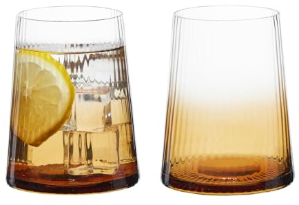Anton Studio Designs Empire Handmade DOF Tumblers for Whiskey, Spirits or Water - 400 ml - Amber - Set of 2 Elegant Drinking Glasses
