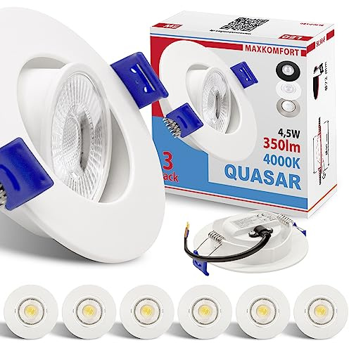 Maxkomfort 6er Set LED Einbaustrahler Weiß - Schwenkbar & Ultraflach, Neutralweiß 4000K, Deckenspots IP20, Einbauspots Ø90mm
