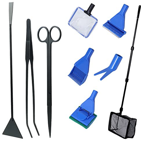 Coolty 9 en 1 Kit de Herramientas de Limpieza de acuarios rastrillo de Grava, rastrillo de Plantas, Esponja raspadora y Kit de Herramientas de Acuario de Acero Inoxidable
