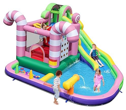 COSTWAY Kids Inflatable Water Park with Slide, Climbing Wall, Water Cannon, Splashing Pool, Blow up Bouncy Castle House for Summer Outdoor Play