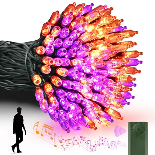 Tcamp Battery Operated Halloween Lights Motion Activated Sync with Music, 33FT 100 LED Orange Purple String Lights with Spooky Music for Outdoor Indoor Halloween Decor (6 Lighting Modes)