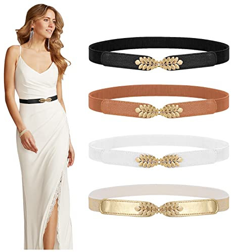WERFORU 4 Stück Damen Dünne Elastische Gürtel Mode Blattlegierung Schnalle Dehnbar Dünner Taillengürtel für Kleider Schwarz/Weiß/Braun/Gold