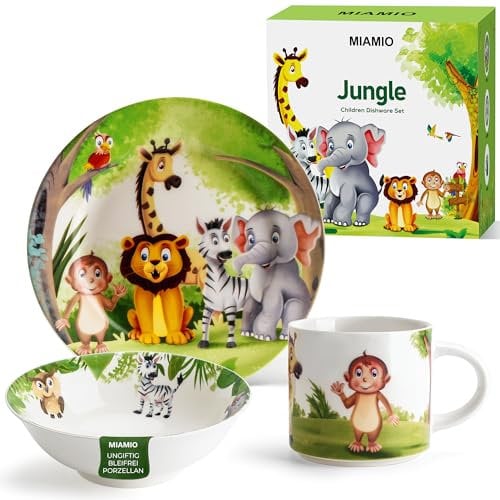 MIAMIO - Juego de 3 vajillas para niños/Platos para niños, Vajilla para niños, Juego de vajilla infantil - Incluye plato, cuenco y taza - Para niños e infantes (Selva)