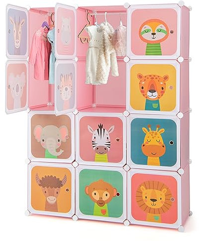 GYMAX Cartoon Clothes Closet, Portable Kids Wardrobe with Hanging Section, Children Storage Unit for Bedroom Nursery (Pink, 12 Cubes Animal: 109 x 37 x 145cm)