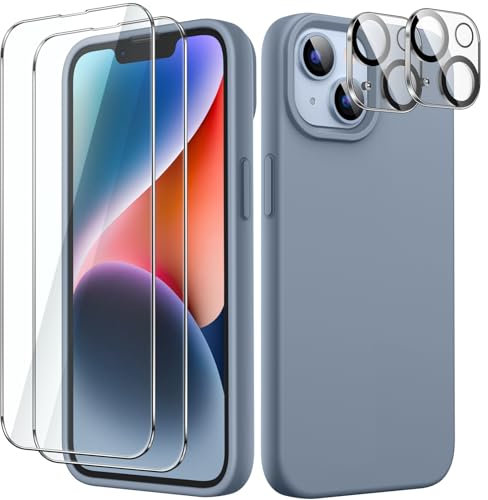 JETech 5 in 1 Silicone Case for iPhone 14 Plus 6.7-Inch, with 2-Pack Screen Protector and 2-Pack Camera Lens Protector, Full Coverage Tempered Glass Film, Shockproof Phone Cover (Sierra Blue)
