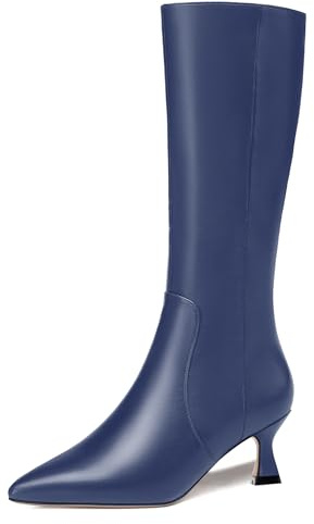 AMBELIGHT Abito da donna opaco con cerniera, punta appuntita, tacco basso, tacco basso, stivali alti 5,1 cm, blu navy, 39 EU