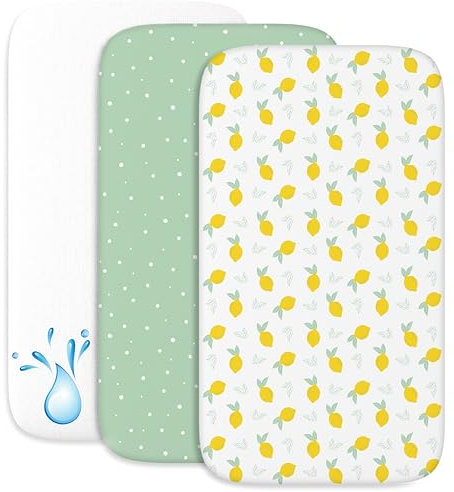 2X Spannbettlaken aus 100% Baumwolle mit Gummiband - 1X Matratzenschoner aus 100% wasserdichtem Material - 3er-Set - 50x83cm - Zitrone