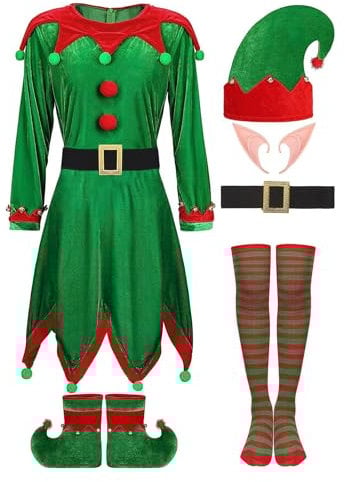 inlzdz Women's Elf Cosplay Costume Full Set for Christmas Party Adults Xmas Santas Festive Outfit Green L