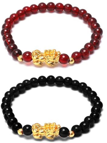 jileijar 2 Stück Feng Shui Reichtum Armband chinesischer Pi Yao Drache Glücksarmband elastische Steinperlen Amulett Armband für Damen und Herren 2024 Neujahr Schmuck Geschenk, 16 cm, Metall, Kein