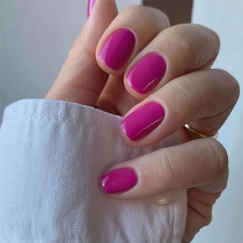 24pcs Short Round False Nails - Hot Pink Purple Stick-on Press-on Removable Glue-on Fake Nails With Glue for Women Girls - Nail Art Accessories