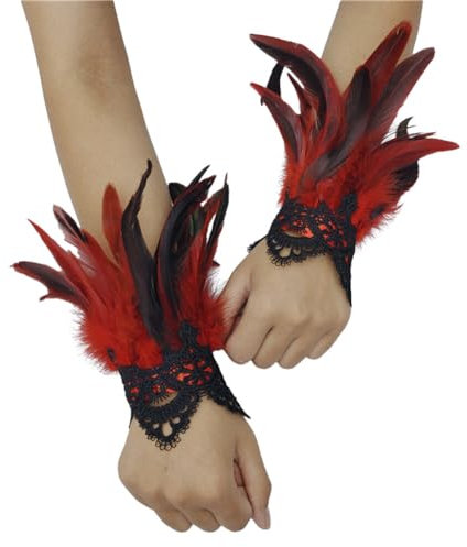 Asudaro Frauen Feder Handgelenk Manschetten, 1pair Floral Lace Armbänder Gothic Mesh Armband Lange Handschuhe Armstulpen Arm Stulpe Handschuhe Armschmuck für Cosplay Halloween Party Kostüm Rot