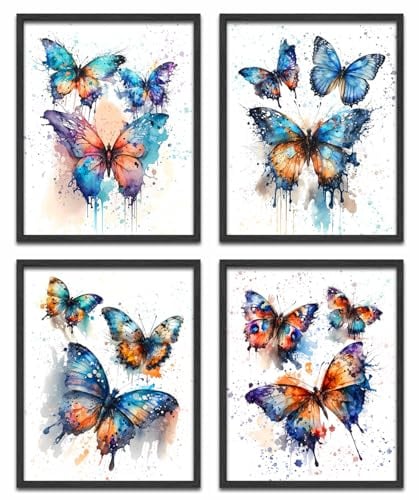LNLAGBO Wandkunstdrucke – lila Schmetterlingsposter, bunte Tinte, Leinwand für Mädchen, Schlafzimmer, Kinderzimmer, Heimdekoration, 4 Stück (20,3 x 25,4 cm, ungerahmt)