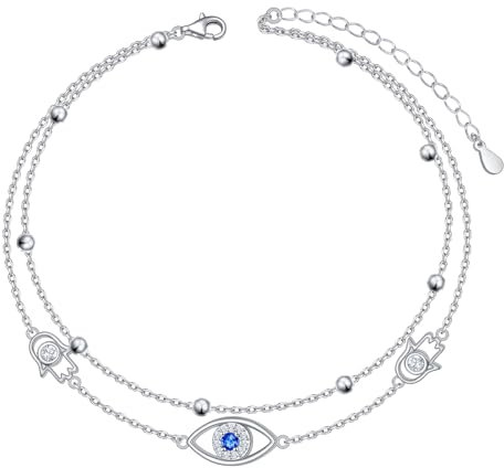 HOOHWE Evil Eye Fußkettchen für Damen 925 Sterling Silber Layered Ankle Bracelet Längenverstellbar Fusskettchen für Frauen und Mädchen Sommer Fusskette