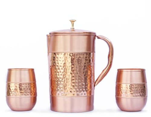 Pure Copper Water Jug with 2 Copper Tumblers (Hammered and Plain Pattern) For Ayurveda Health Benefits (With Barrel Glass)