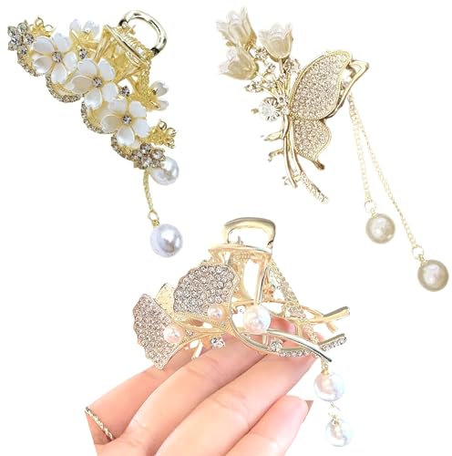 Ypkia Lot de 3 pinces à cheveux en forme de fleurs moyennes avec pompon papillon en métal pour femmes et filles - Accessoires de cheveux fins (doré)