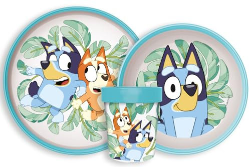 Microwave Safe 3pcs Cartoon Character Non Slip Bicolor Premium Dinner Tableware Set for Children Plate, Bowl, & Cup Set BPA Free Reusable Plastic Bluey (Blue)