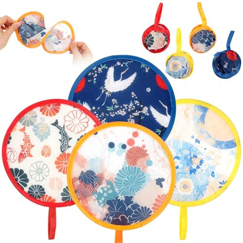 Faltbarer Handfächer Set, 4 Stück Runder Fächer, Tragbar Pop-Up-Fächer mit Japanische Muster, Sommer Japanische fächer für Kühlung, Hochzeit und Heim Dekoration, Festival Party
