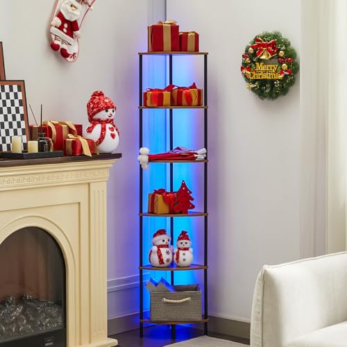 Corner Shelf with LED Light,Tall Corner Shelf,Rustic Industrial Corner Bookshelf, Storage Standing Shelf Unit, Plant Stand, Corner Table for Small Spaces in Living Room,Bedroom,Home Office (6 Tier)