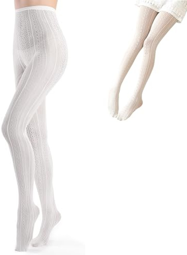 DHWEKU strumpfhosen damen tanzstrumpfhose damen strumpfhose weiß Trachten Strumpfhose Bayerische Trachtenstrümpfe Tanzstrumpfhose mit Zopfmuster für Weihnachtstag Fasching Karneval Mottoparty
