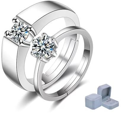 LAOYEFACAI 2 Stück Ring 925 Sterling Silber Ringe für Paare Stein Ring mit Zirkonia Kristallen Moissanite Ring Offene Einstellbar Ringe Damen & Herren Trauringe Paar Ringe Geschenk für Ehefrau Mann