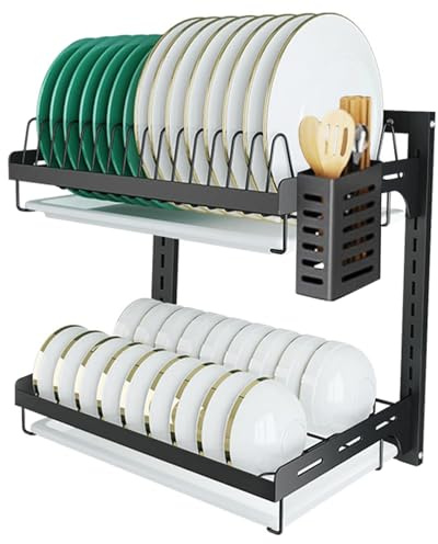 Hanging Dish Drying Rack, Wall Mounted Dish Rack Kitchen, 2 Tier Plate Organizer Wall Mount, Stainless Steel Dish Drainer Storage Shelf with Drainboard, Cutlery Holder, Black, Ajustable Height ( 16 )