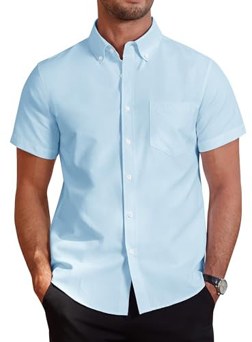 J.VER Men's Short Sleeve Shirts Cotton Button Down Oxford Smart Casual Shirt Non Iron Regular Fit Business Wedding Office Work Summer Shirt Blue M