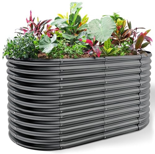 Land Guard Ovale, verzinkte Hochbeete, großes Fassungsvermögen, Metall-Pflanzkasten für den Außenbereich, langlebig, tiefes Hochbeet, 91 cm hoch, Hochbeete für Gartenarbeit, Gemüse, modernes Grau, 1,8