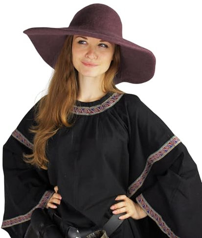 Leonardo Carbone® Damen Kopfbedeckung Handgefertigter Hut Eleganz | Breite Krempe | Mittelalter Stil | Karneval, Halloween, Cosplay, LARP, Hexenhut, Kostüm | 100% Wolle Braun