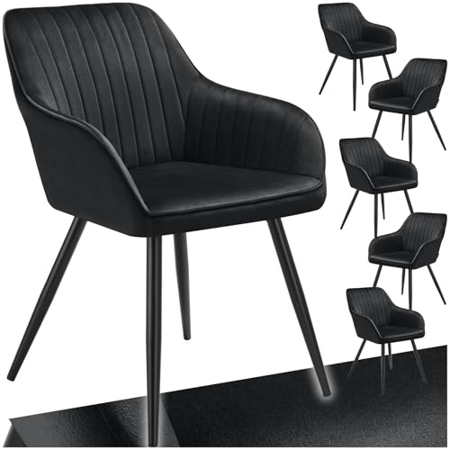 tectake® Samt Stuhl, Esszimmerstuhl mit Samtstoff, Küchenstühle modern, gemütlicher Sessel Wohnzimmer, Armlehnstuhl Esszimmer, Dining Lounge, Schminktisch Stuhl - schwarz/schwarz, 6er Set