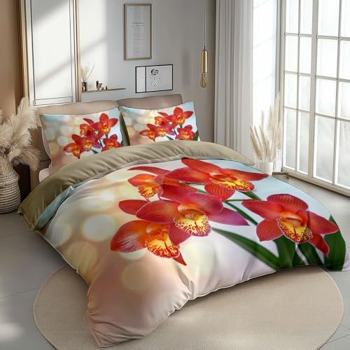 Bettwäsche Set Pflanzen Orchideen Sonnenschein Rot Gelb, Weiche Mikrofaser Wende Bettwäsche 1 Deckenbezug Mit Reißverschluss 2 Kissenbezug 80X80 cm Atmungsaktiv Schlafzimmer 220 cm X 240 cm