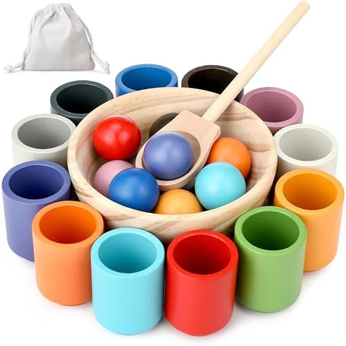 NOREO Jouet Montessori en Bois - Jeu de Tri et Empilage des Couleurs - 12 Boules 30 mm, Gobelets, Cuillère et Bol - Développement Motricité Fine et Coordination - Cadeau Éducatif Enfants 2-5 Ans