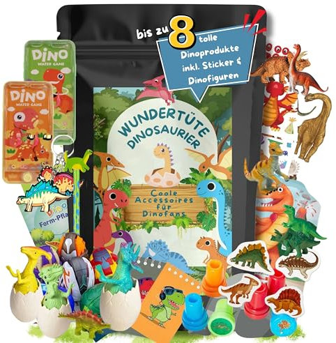 Dino Wundertüte Surprise Bag mit bis zu 8 tollen Dino Überraschungen, Dinosaurier Spielzeug Schultüte Wundertüte Kinder, Schultüte Jungen, Überraschungstüte für Jungs, Dino Ei