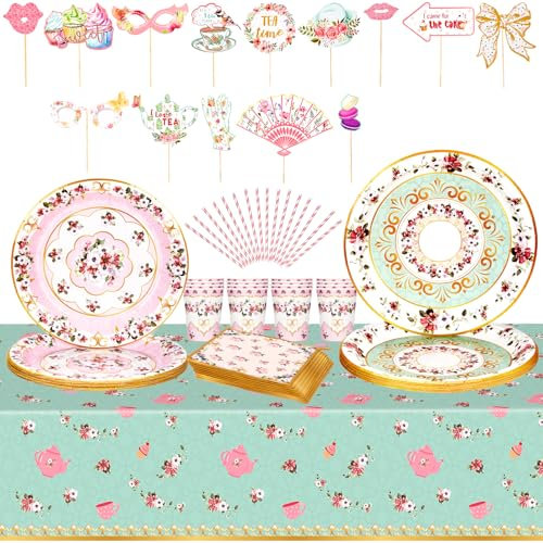Nexhyp 99pcs Vintage Floral Disposable Paper Plates Tablecloth Napkins Set for Afternoon Tea, Mother's Day, Baby Shower Decorations & Garden Party Tableware
