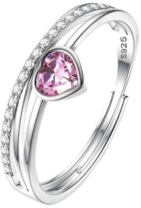 JeweBella Bague Argent 925 Femme Réglable Bagues Pierre de Naissance Coeur Bague Zirconium Couple Fiançailles Alliance Femme Bijoux Cadeau pour Anniversaire