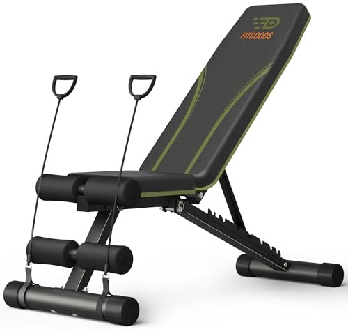Fitgoods Verstellbare Hantelbank für Heim-Fitnessstudio, faltbare 317,5 kg Workout-Bank mit 9 Rückenlehnen, Mehrzweck-Bankdrücken für Neigung, flach mit schneller Anpassung (2 Widerstandsbänder)