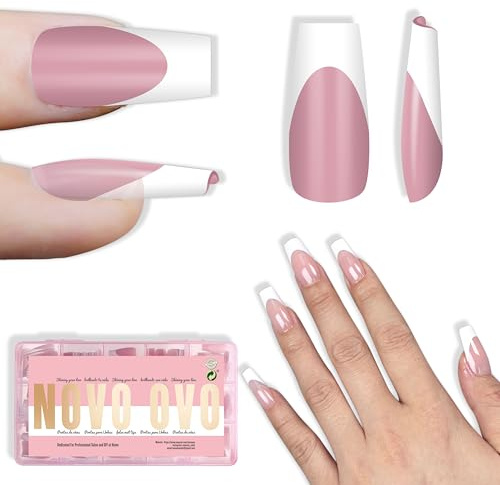 NOVO OVO Weiße French Tip Coffin Nagelspitzen Press on,BERRY PINK,Extra dicke,mittelweiche Gel-Nägel aus Acryl,benötigt Aufbaugel-Überlack,kein Kleber enthalten,für Salon DIY 15 Größen,240 Stück
