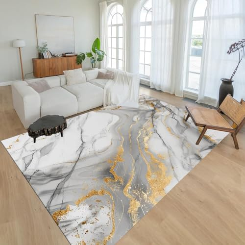 ZLXMN Moderner Marmor-Teppich 70x140cm Mit TPR rutschfeste GummirüCkseite Waschbarer ZeitgenöSsisches Kunstdekor Gold Weiß Grau Teppiche füR Bettvorleger Schlafzimmer Wohnzimmer