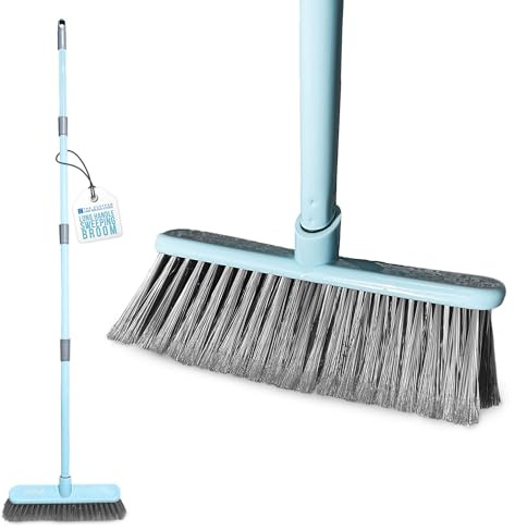 Sweeping Brush Indoor Broom - Long Handle Floor Cleaner Soft Bristles Hair Brush - Perfect use for Kitchen Bedroom Living Room Garage House Floors - Duck Egg