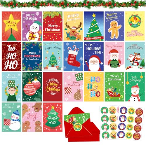 CUVZORA Juego de 24 tarjetas de Navidad A6 con sobre, tarjetas de felicitación plegables de estilo retro, tarjetas postales de Navidad, tarjetas de regalo para familia, amigos, niños (B)