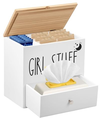harupink Tampon Aufbewahrung Holz,Binden Aufbewahrung mit Abdeckung und Schublade,Aufbewahrungsbox Hygieneartikel groß mit Fächer,Badezimmer Zubehörbox für Tampons Kosmetik Wattebällchen(Weiß)