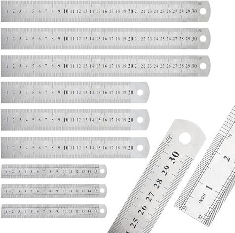 INNAL 9 Stück Edelstahl Lineal Stahllineal 30cm 20cm 15cm Doppelseitenskala | Stahlmaßstab Metalllineal Stahl Lineal Metal Ruler Kante Messwerkzeug für Engineering Lehre und Büro Zeichnungen