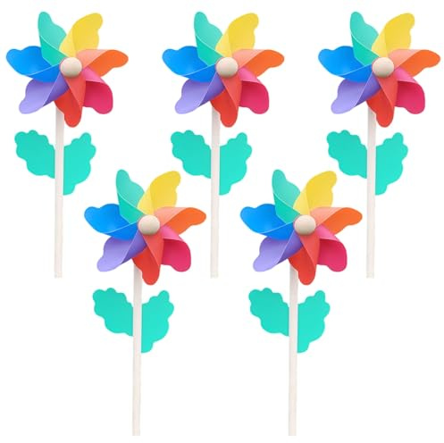 5er Set Bunte Windmühlen, Windspiel Holzstange，Regenbogen Windräder für, PVC Windmühlen, Kreative Geschenke für Kinder für Outdoor Deko, Party,Camping Picknick oder Garten DIY Rasen Dekorationen
